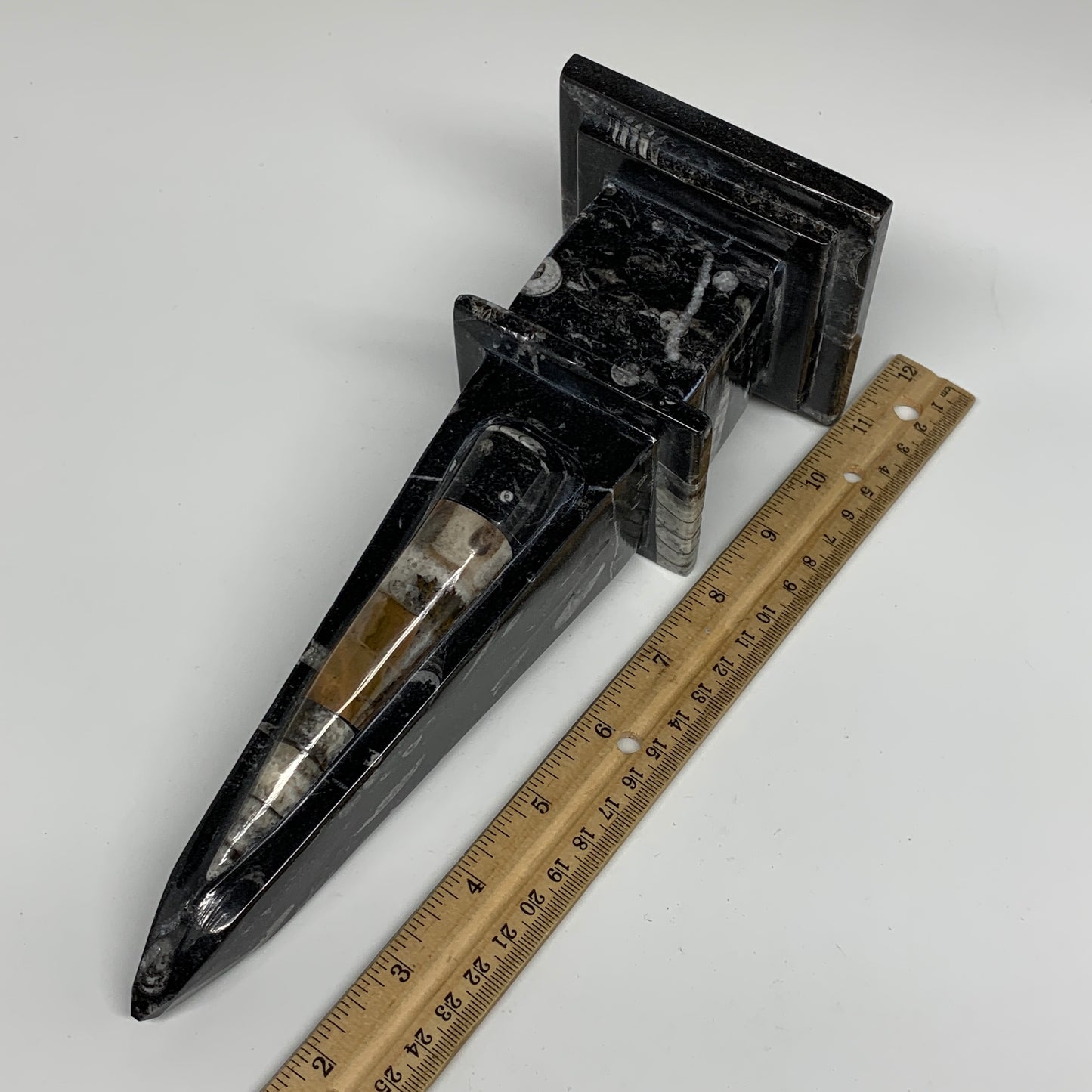 9.75" x 3.6" Black Fossils Orthoceras Tower Marble @Morocco, B8704