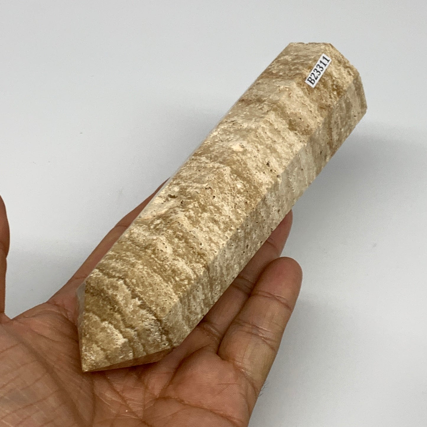 291.8g, 5.6"x1.5" Natural Chocolate Calcite Tower Point Obelisk Crystal, B23311