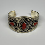 34g, 1.6" Turkmen Cuff Bracelet Tribal Small Marquise, Red Coral Inlay, B13582