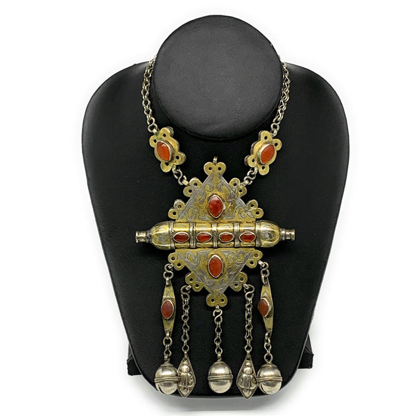 113.8g, 24" Vintage Turkmen Necklace Gold-Gilded Silver Rare Pendant, B14486