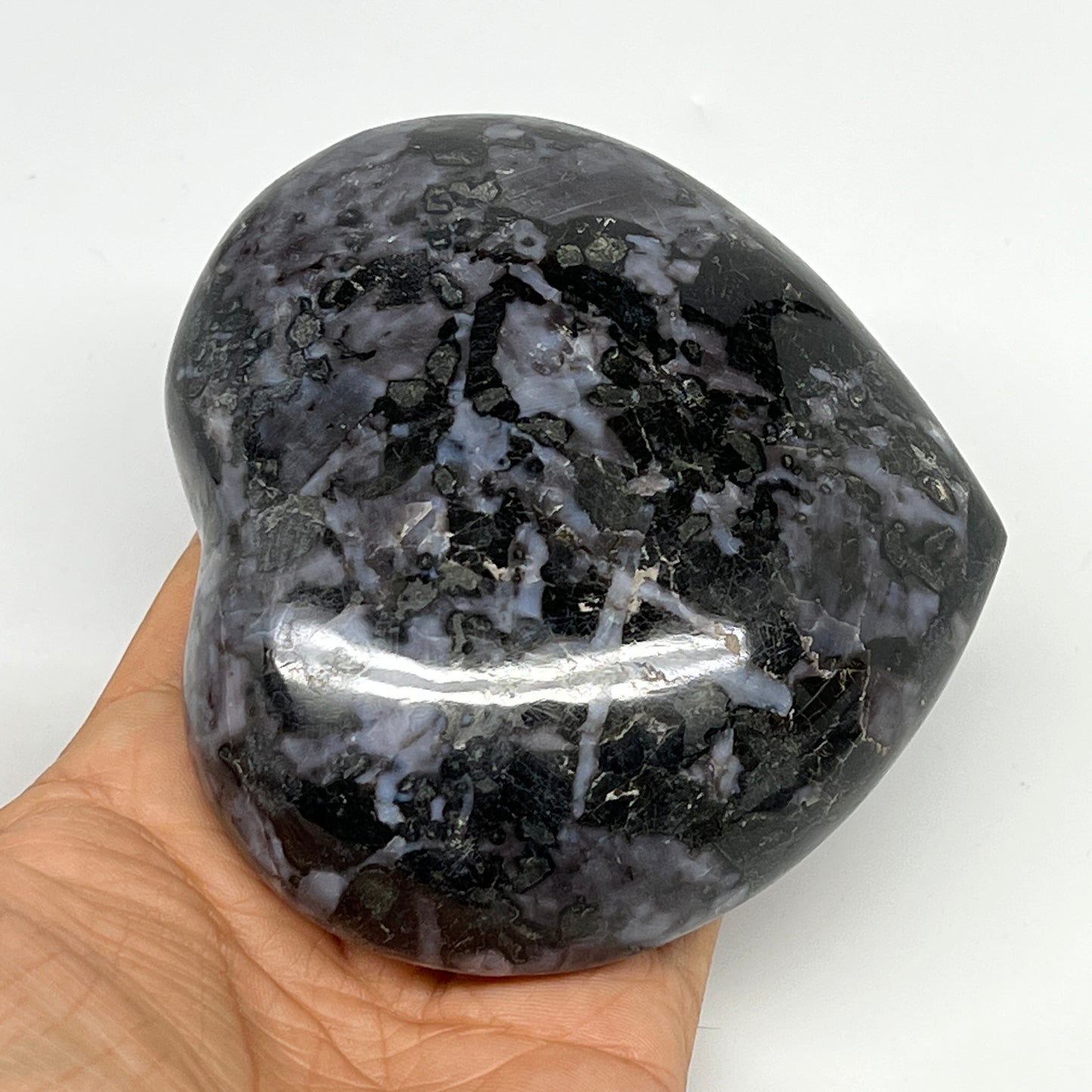 580g,3.7"x4"x1.5" Indigo Gabro Merlinite Heart Gemstone @Madagascar,B19907