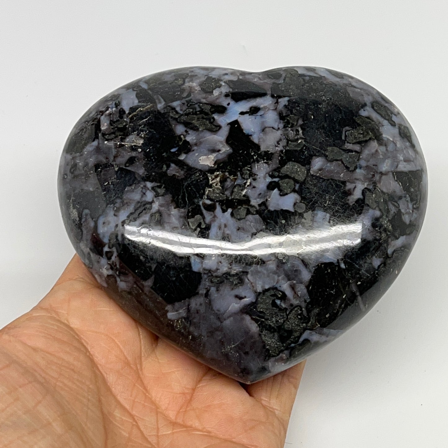 580g,3.7"x4"x1.5" Indigo Gabro Merlinite Heart Gemstone @Madagascar,B19907