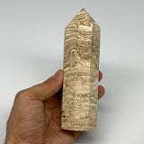 397.4g, 5.6"x1.6" Natural Chocolate Calcite Tower Point Obelisk Crystal, B23316