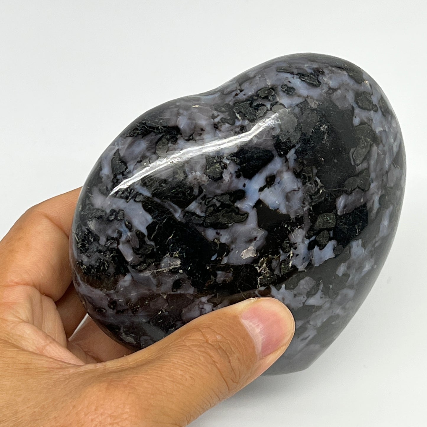 580g,3.7"x4"x1.5" Indigo Gabro Merlinite Heart Gemstone @Madagascar,B19907