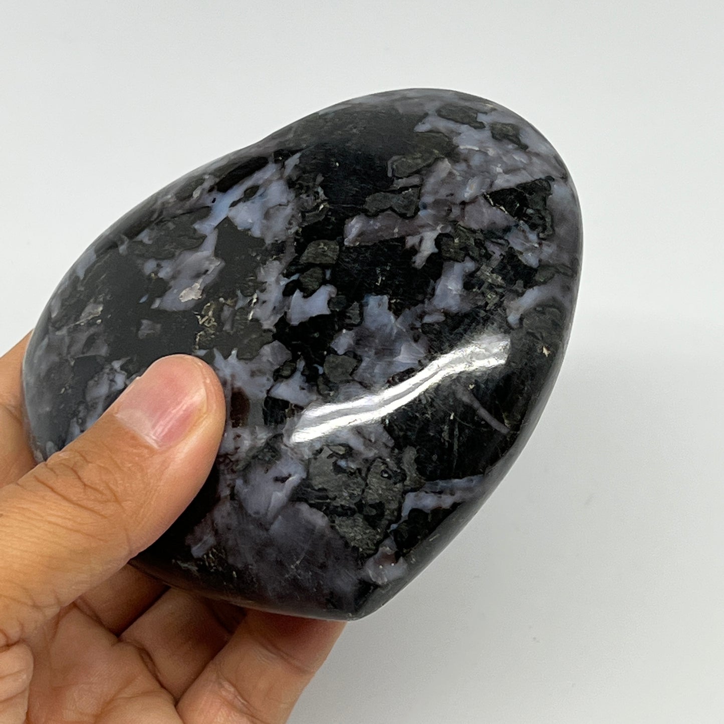 580g,3.7"x4"x1.5" Indigo Gabro Merlinite Heart Gemstone @Madagascar,B19907