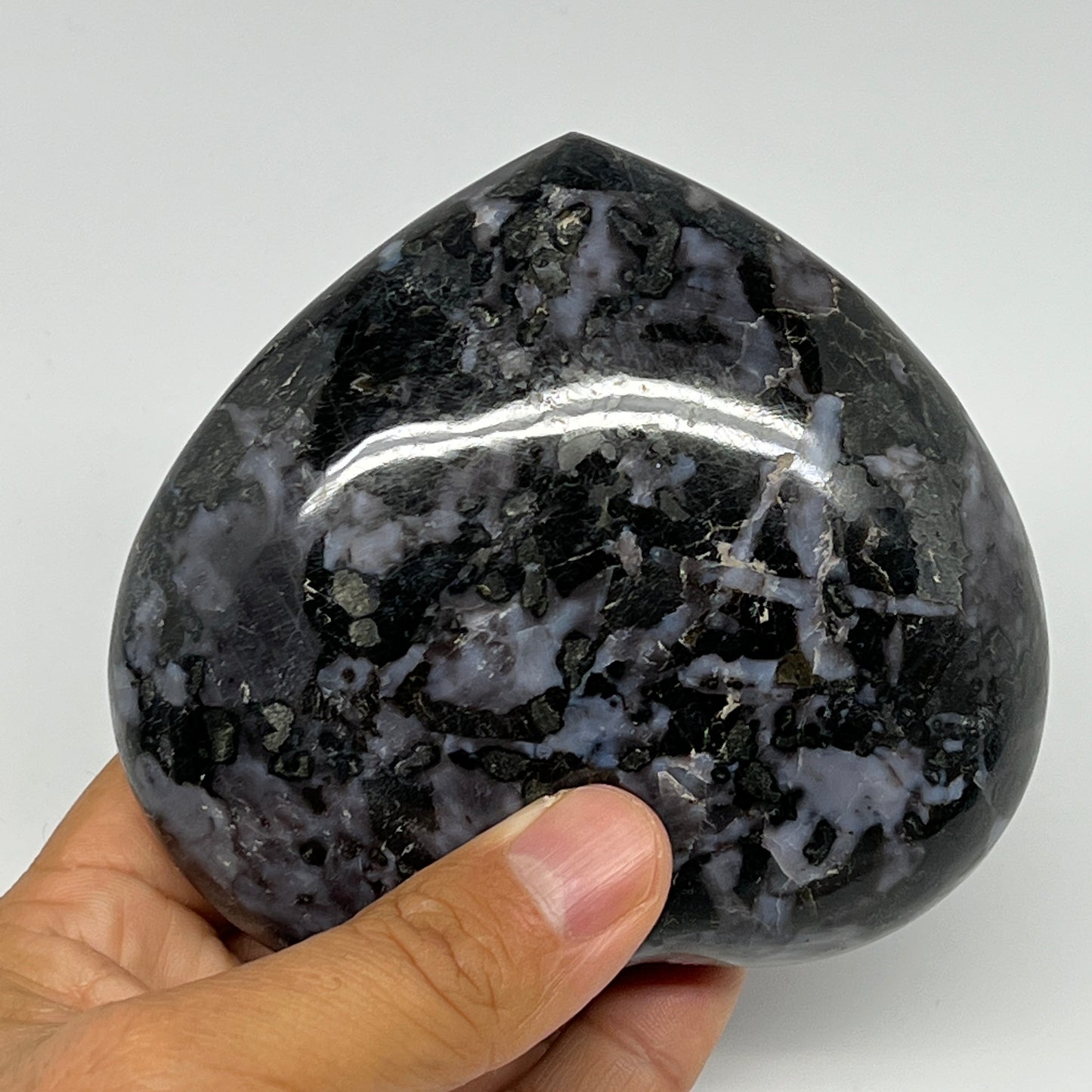 580g,3.7"x4"x1.5" Indigo Gabro Merlinite Heart Gemstone @Madagascar,B19907