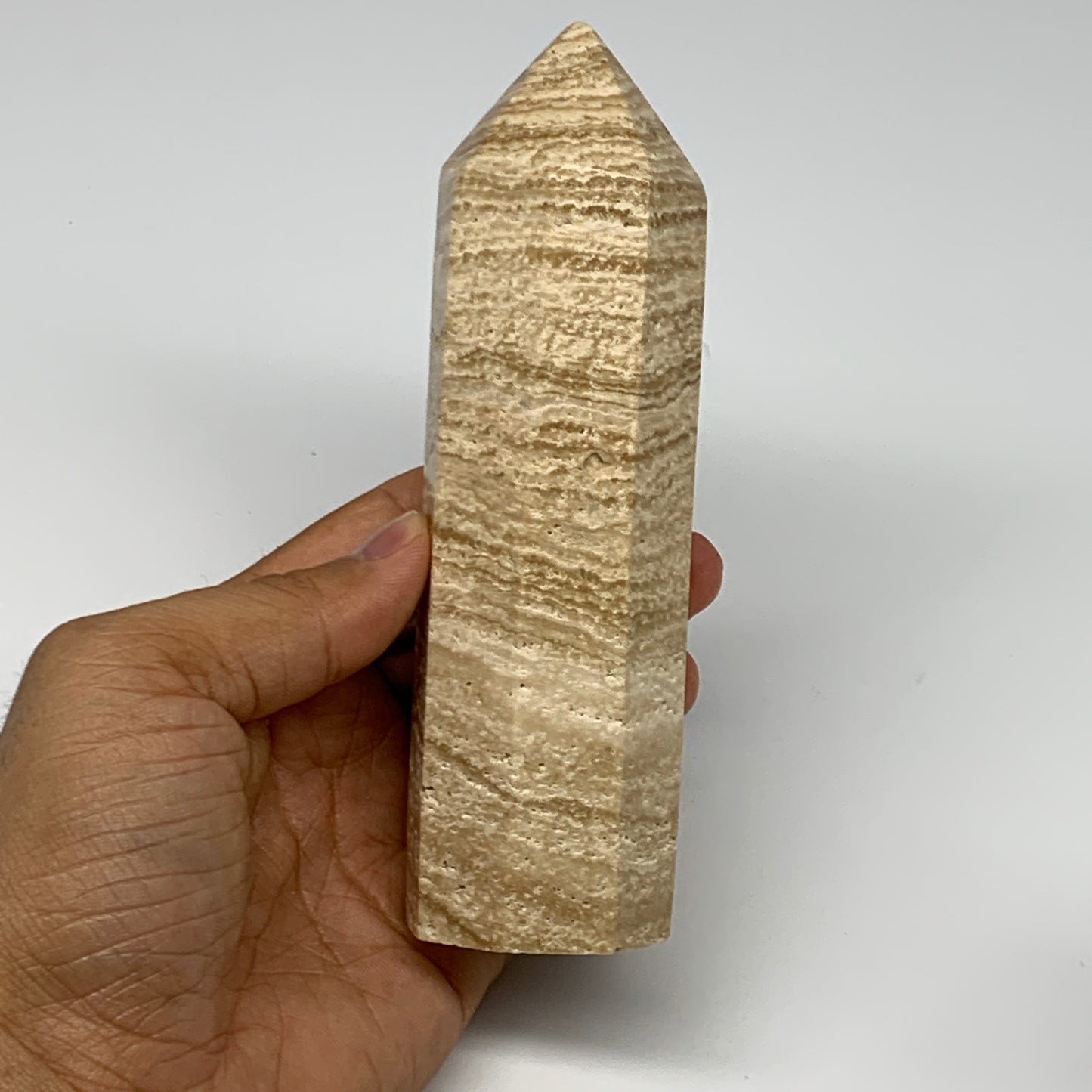 397.8g, 5.6"x1.6" Natural Chocolate Calcite Tower Point Obelisk Crystal, B23317