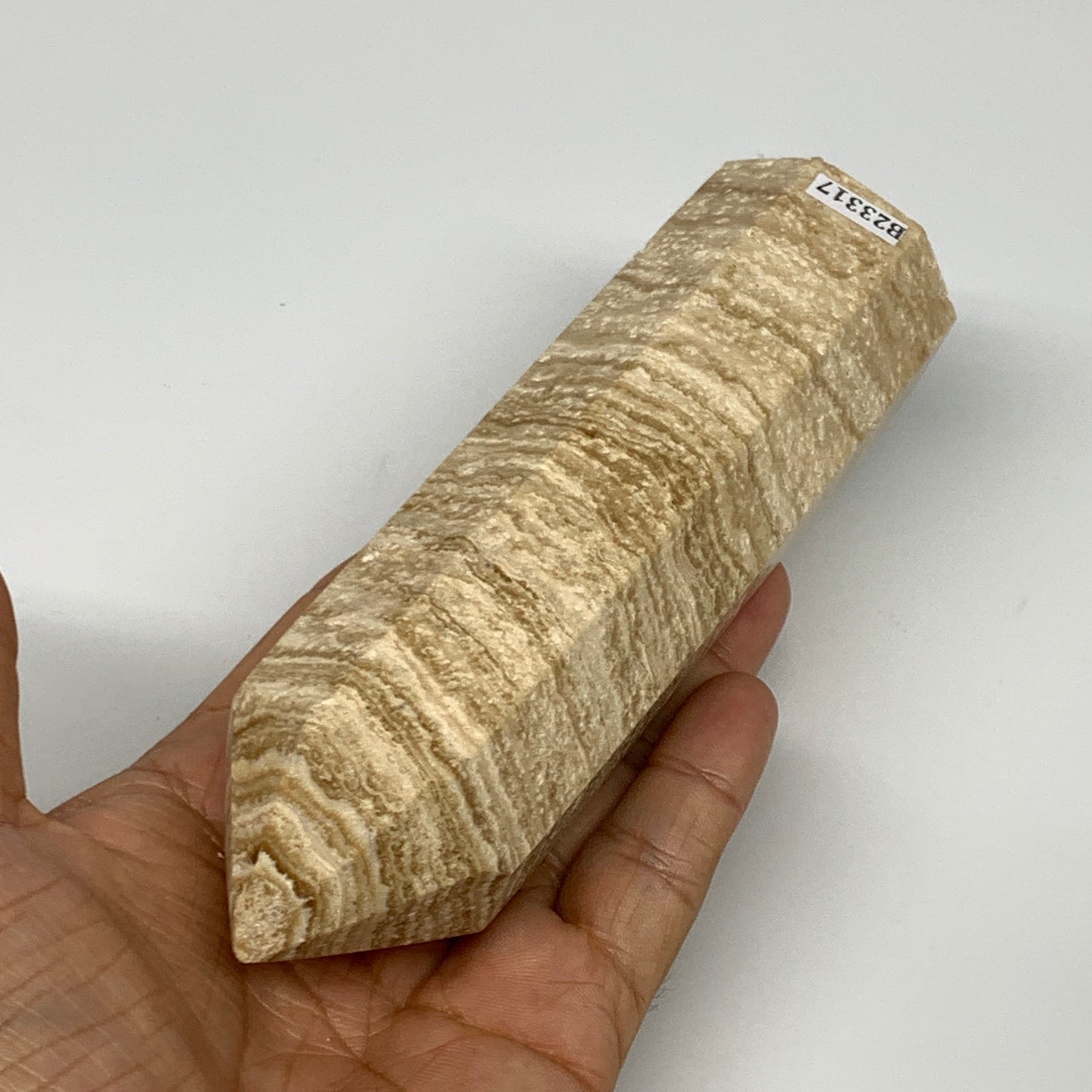 397.8g, 5.6"x1.6" Natural Chocolate Calcite Tower Point Obelisk Crystal, B23317