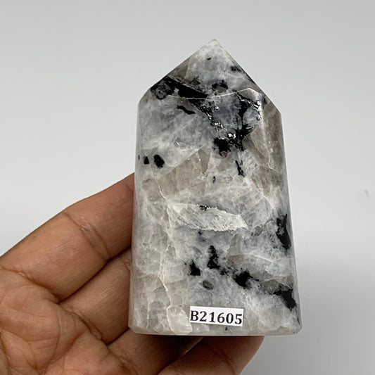 245.2g, 3.2"x1.9"x1.5" Rainbow Moonstone Tower Obelisk Point Crystal, B21605