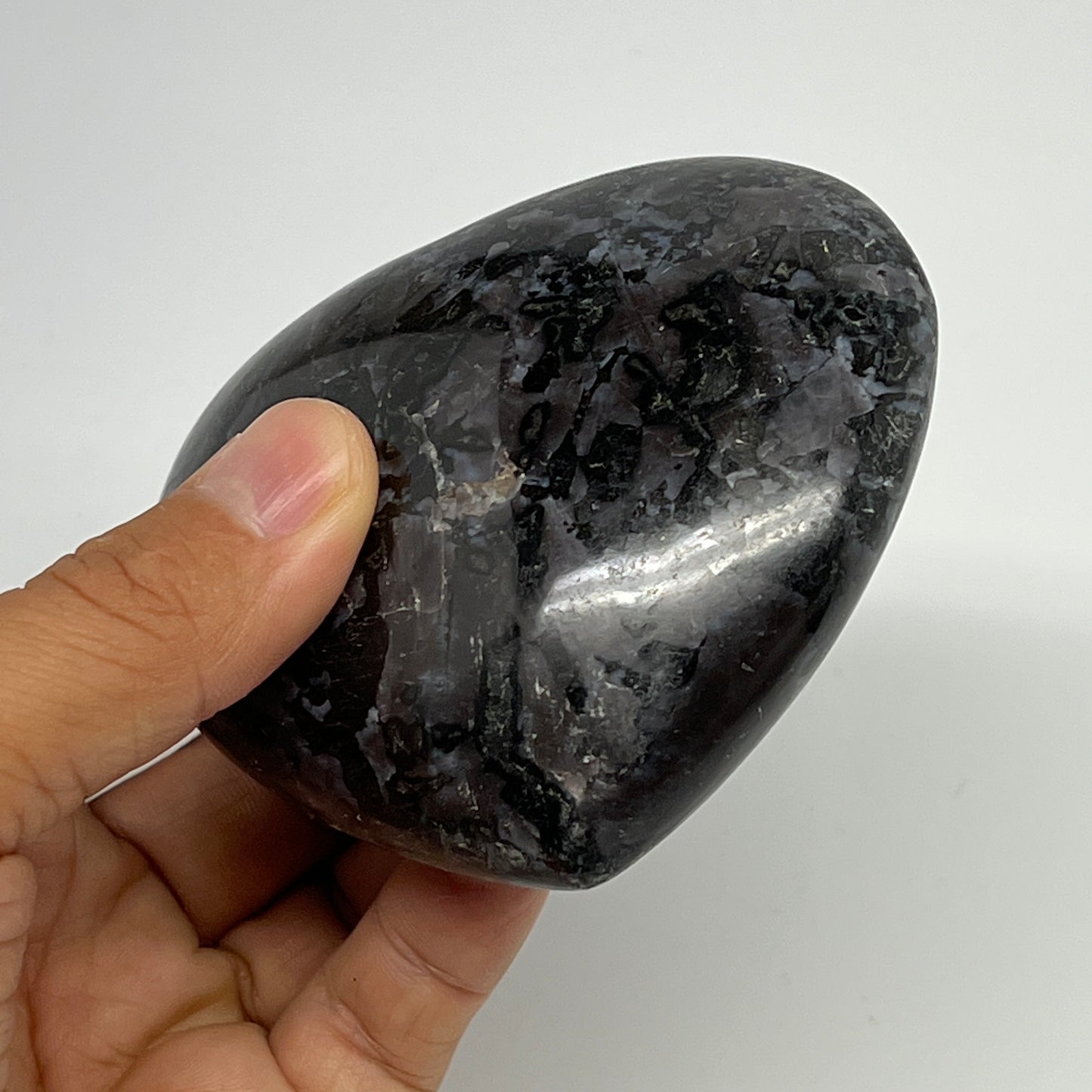 336g,3"x3.4"x1.4" Indigo Gabro Merlinite Heart Gemstone @Madagascar,B19910