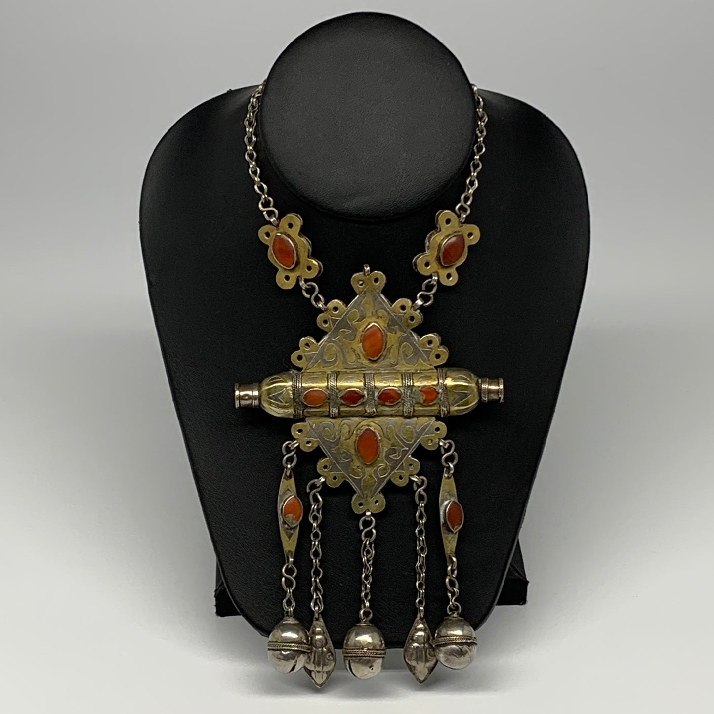 105.6g, 24" Vintage Turkmen Necklace Gold-Gilded Silver Rare Pendant, B14490