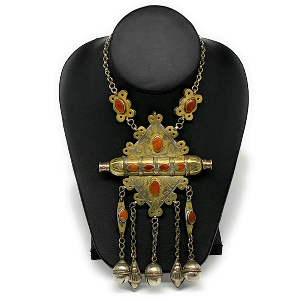 105.6g, 24" Vintage Turkmen Necklace Gold-Gilded Silver Rare Pendant, B14490