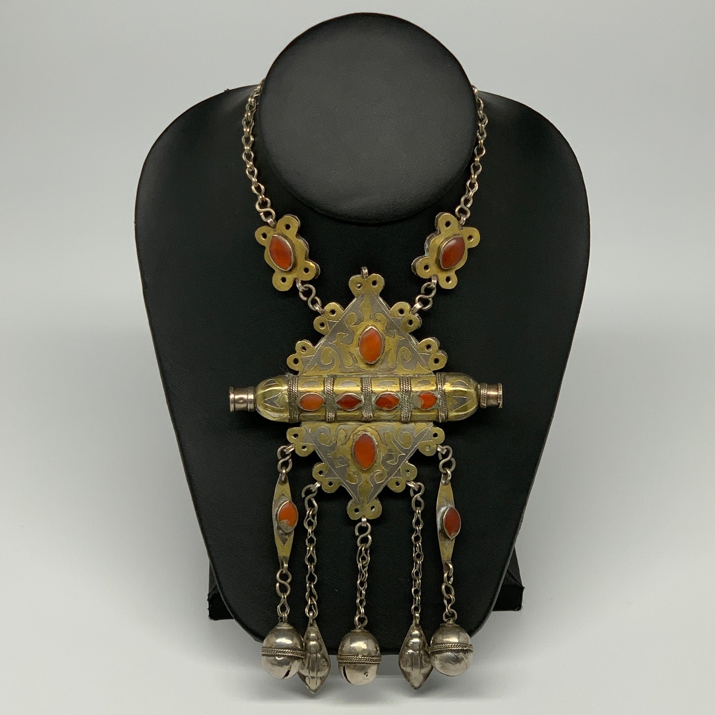 105.6g, 24" Vintage Turkmen Necklace Gold-Gilded Silver Rare Pendant, B14490