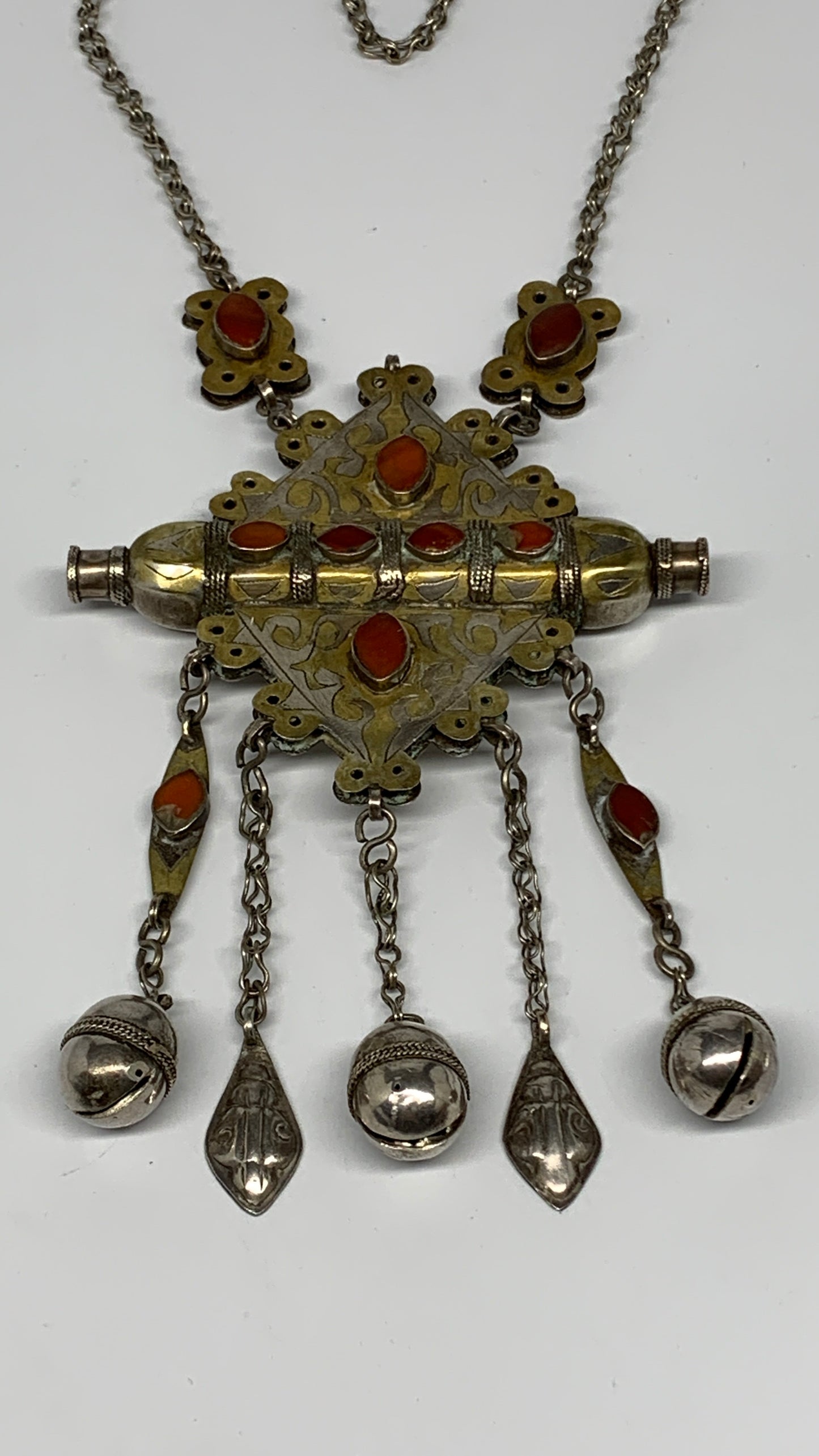 105.6g, 24" Vintage Turkmen Necklace Gold-Gilded Silver Rare Pendant, B14490