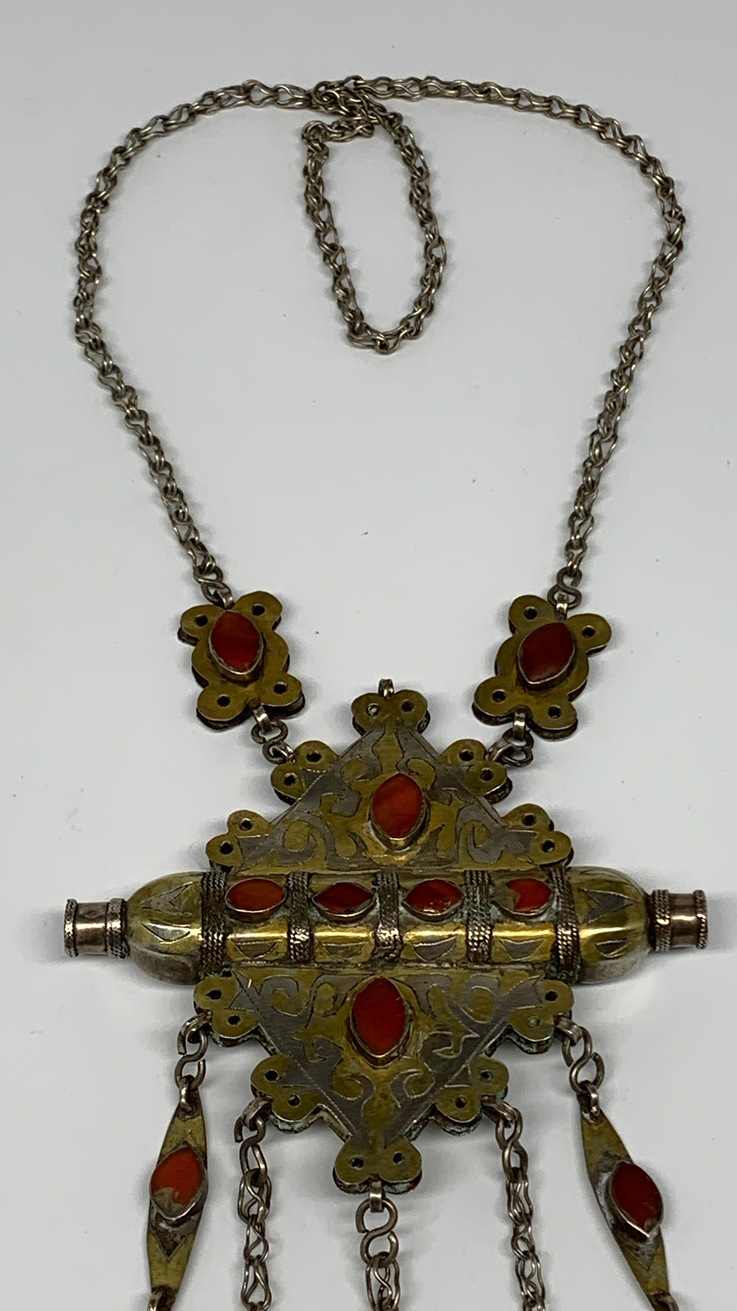 105.6g, 24" Vintage Turkmen Necklace Gold-Gilded Silver Rare Pendant, B14490