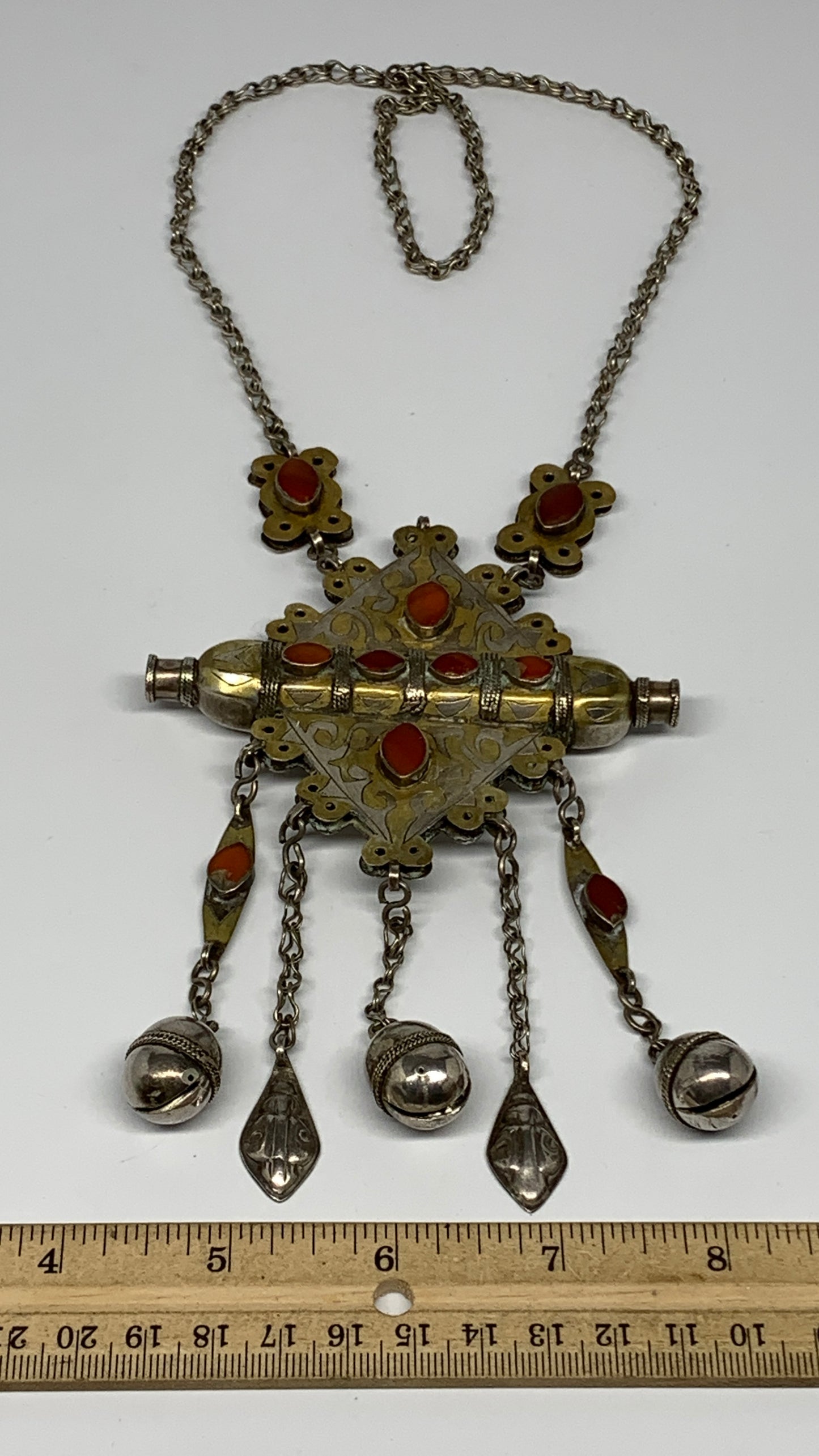 105.6g, 24" Vintage Turkmen Necklace Gold-Gilded Silver Rare Pendant, B14490