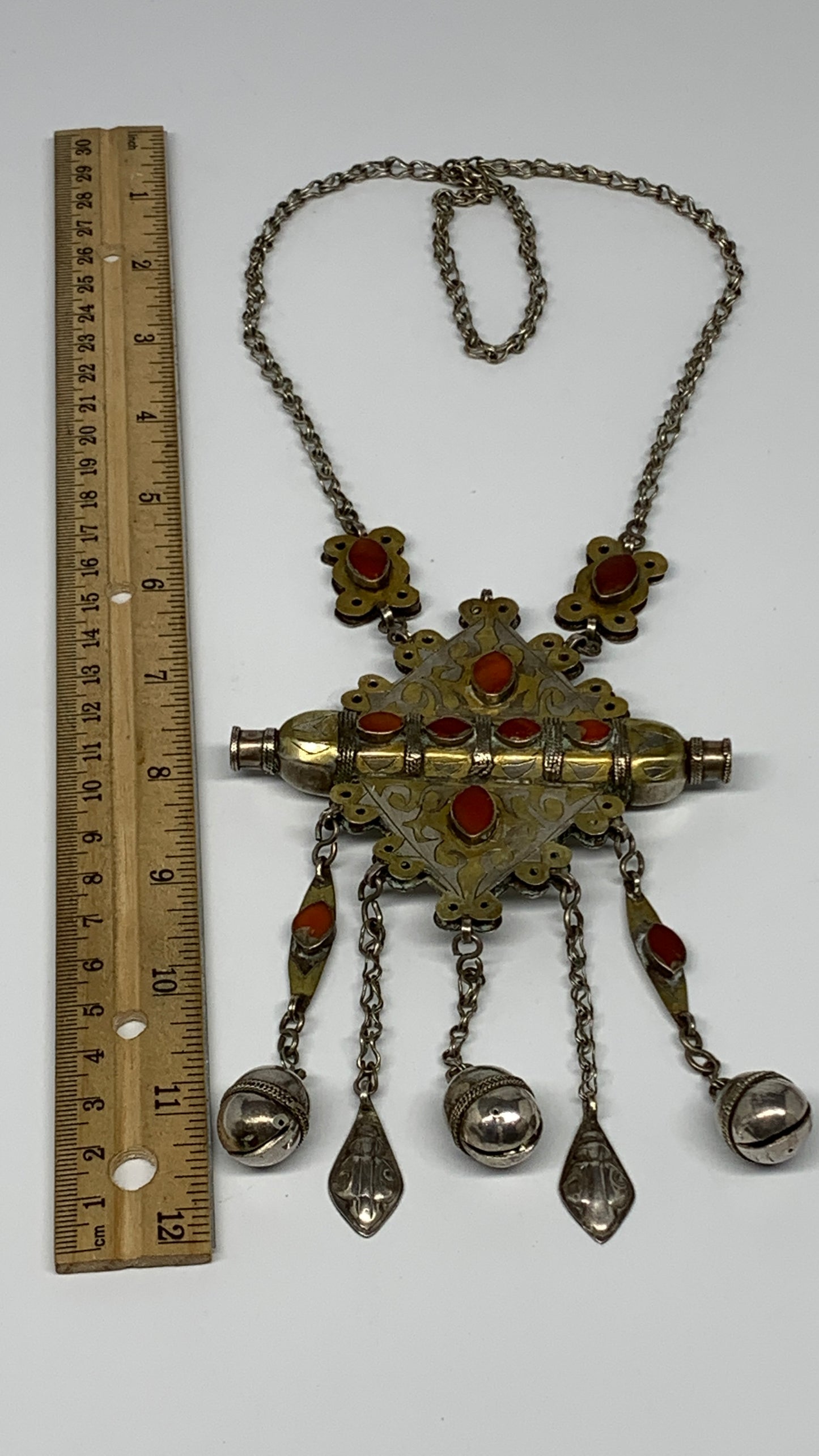 105.6g, 24" Vintage Turkmen Necklace Gold-Gilded Silver Rare Pendant, B14490
