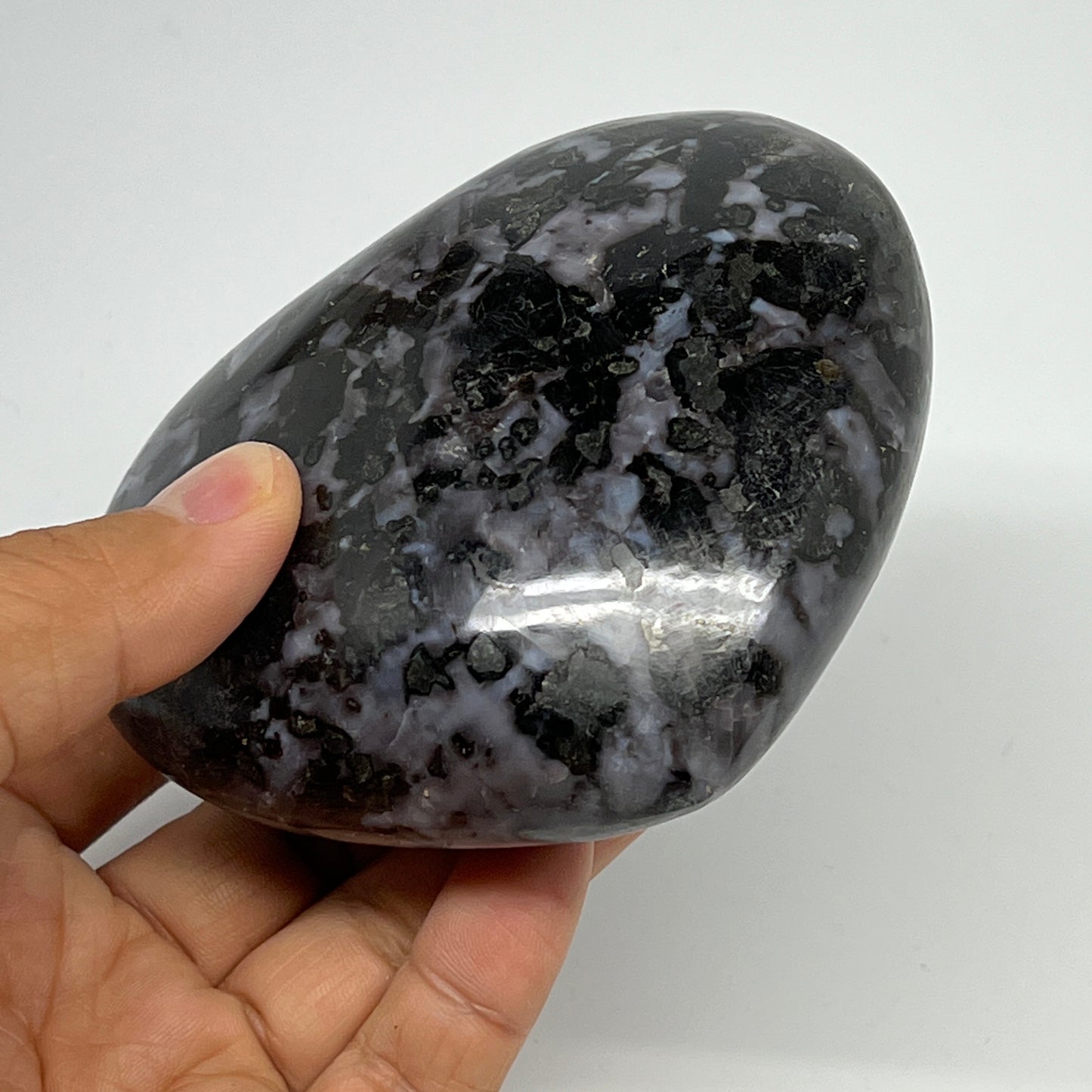 468.9g,3.3"x3.8"x1.6" Indigo Gabro Merlinite Heart Gemstone @Madagascar,B19911
