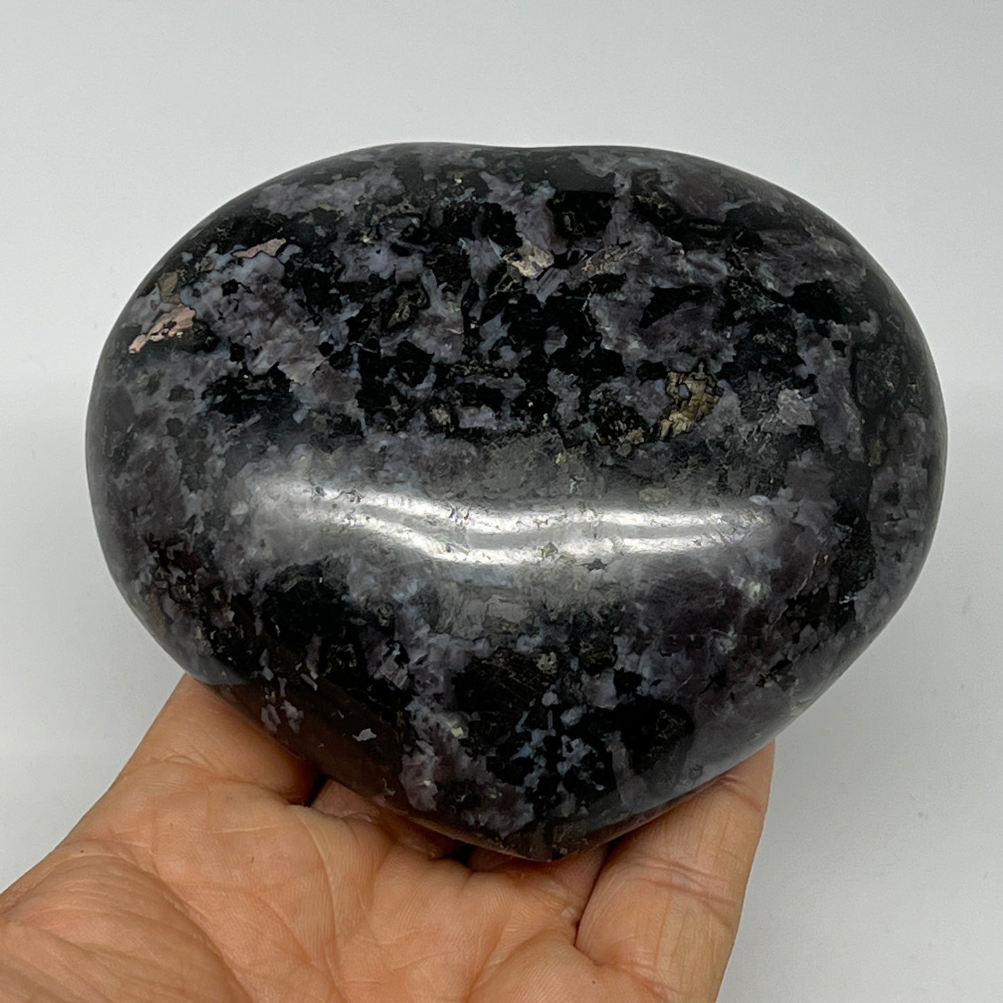 520g,3.4"x3.9"x1.5" Indigo Gabro Merlinite Heart Gemstone @Madagascar,B19912