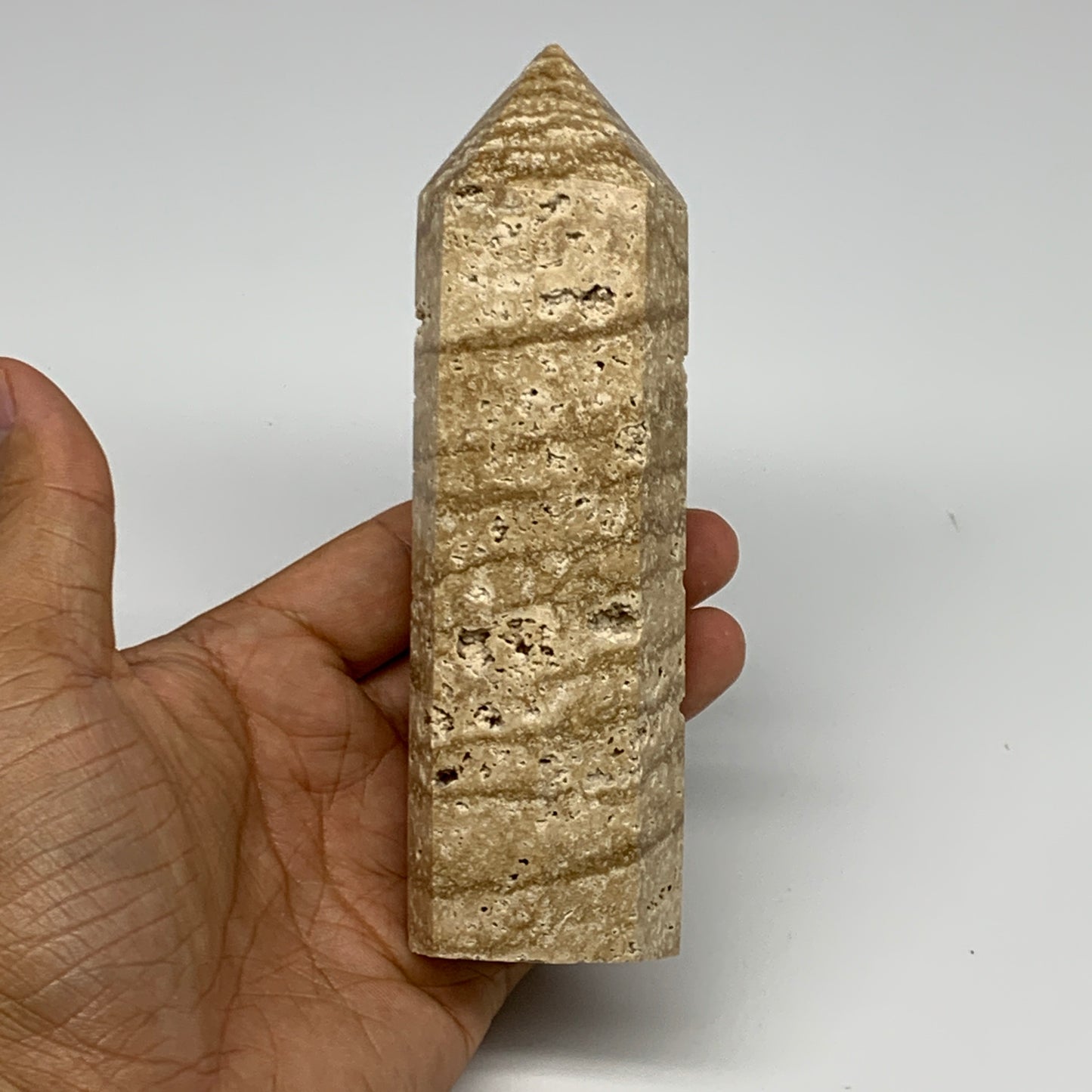 339.7g, 5.5"x1.5" Natural Chocolate Calcite Tower Point Obelisk Crystal, B23323