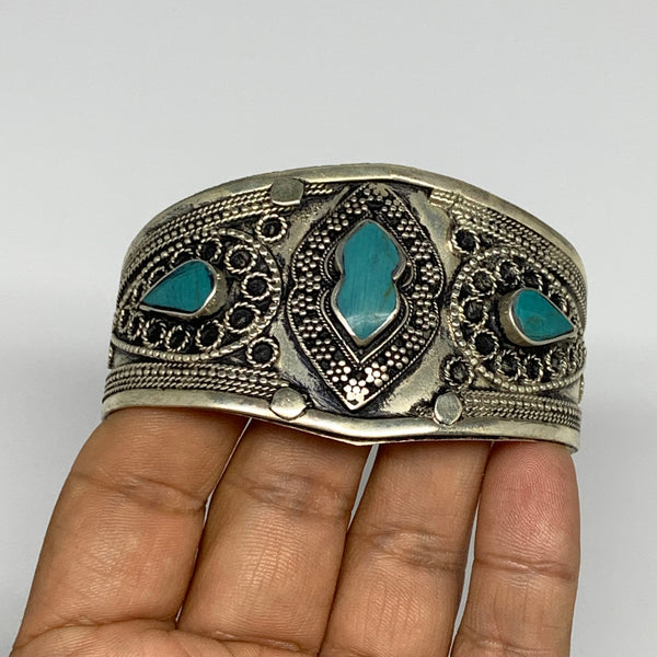 33.5g, 1.6" Turkmen Cuff Bracelet Tribal Small Marquise, Turquoise Inlay, B13591