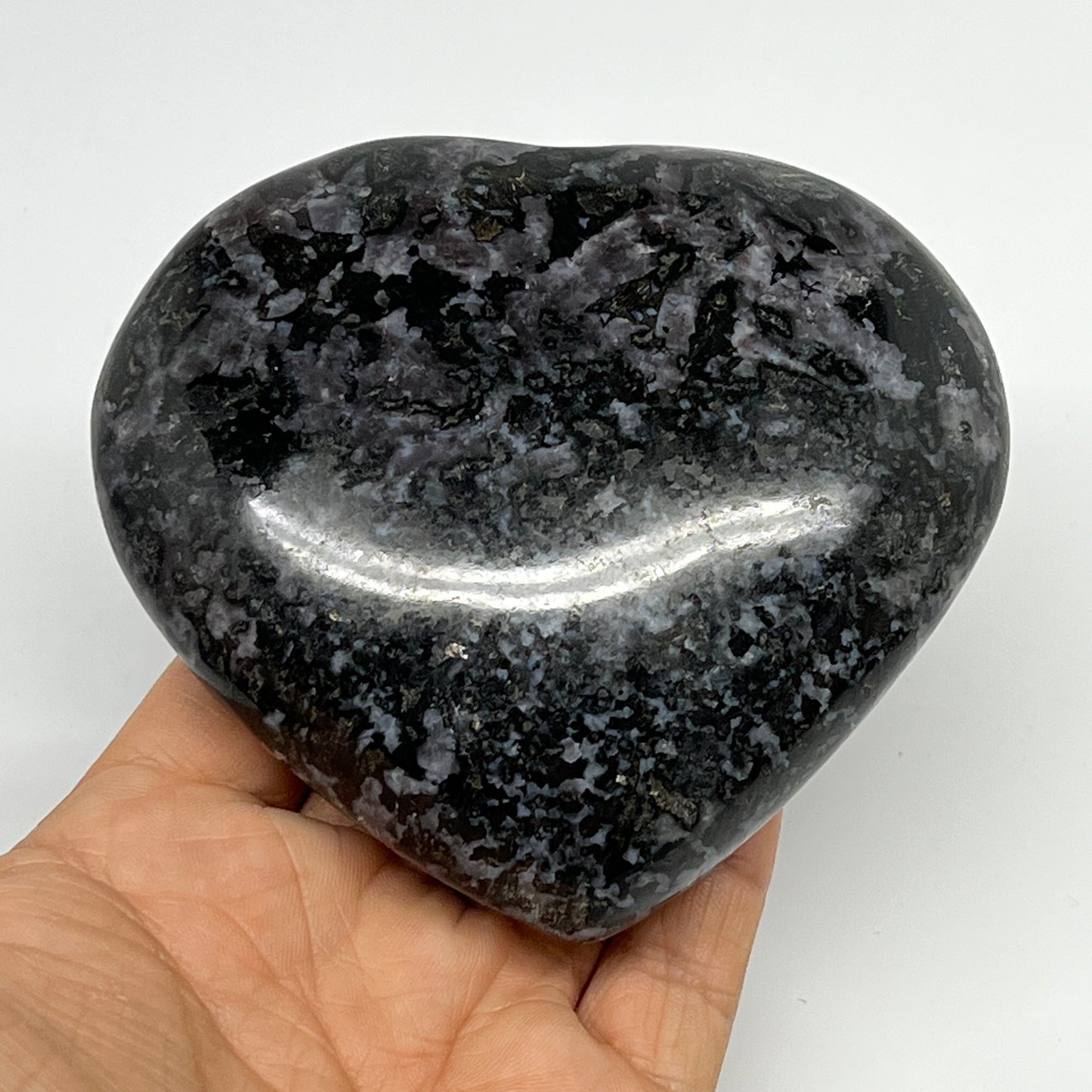 470.2g,3.5"x3.8"x1.4" Indigo Gabro Merlinite Heart Gemstone @Madagascar,B19915