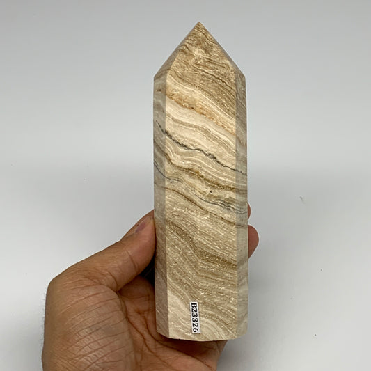 482.2g, 56"x1.7" Natural Chocolate Calcite Tower Point Obelisk Crystal, B23326