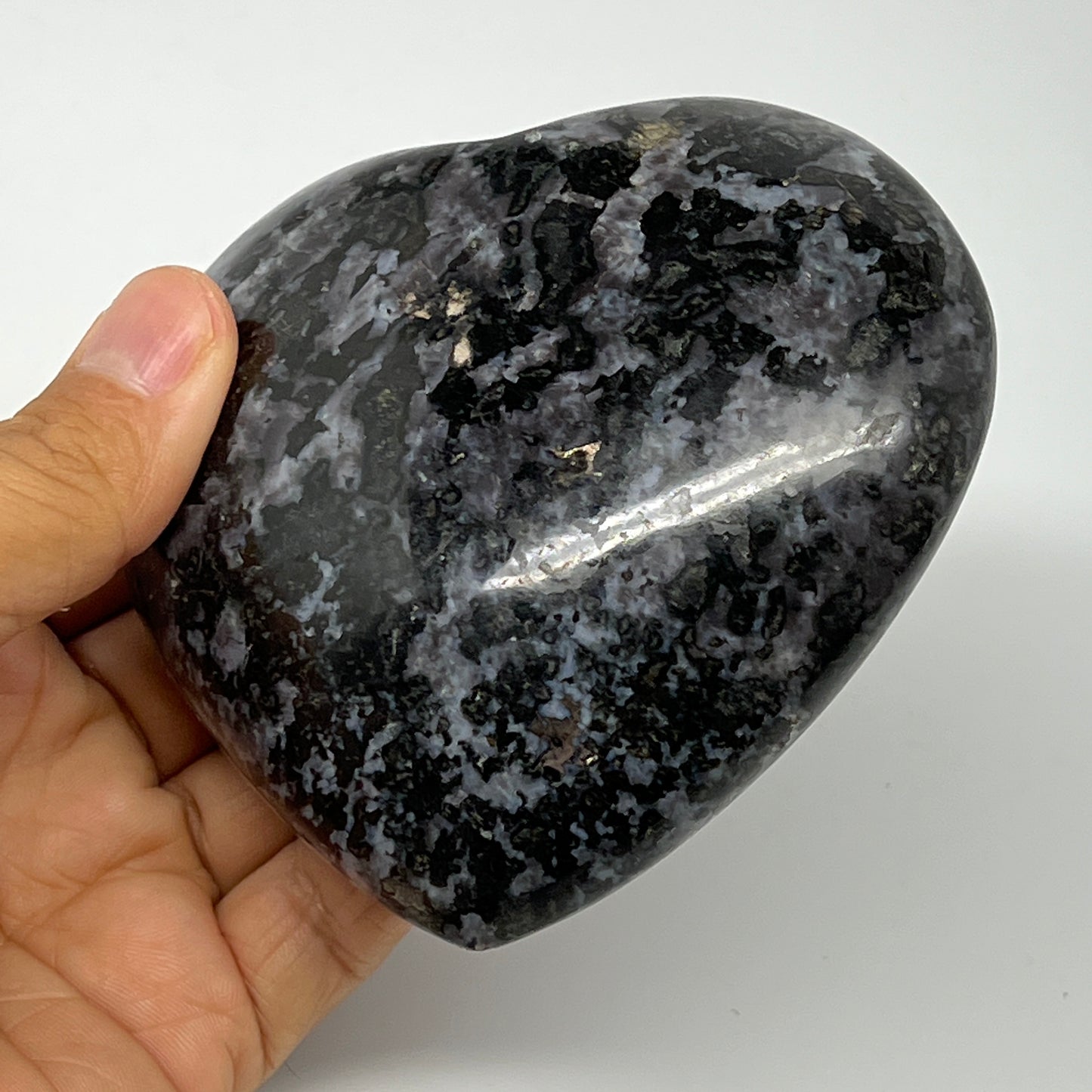 470.2g,3.5"x3.8"x1.4" Indigo Gabro Merlinite Heart Gemstone @Madagascar,B19915
