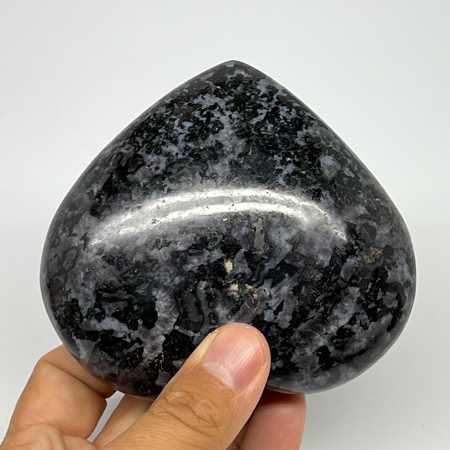 470.2g,3.5"x3.8"x1.4" Indigo Gabro Merlinite Heart Gemstone @Madagascar,B19915
