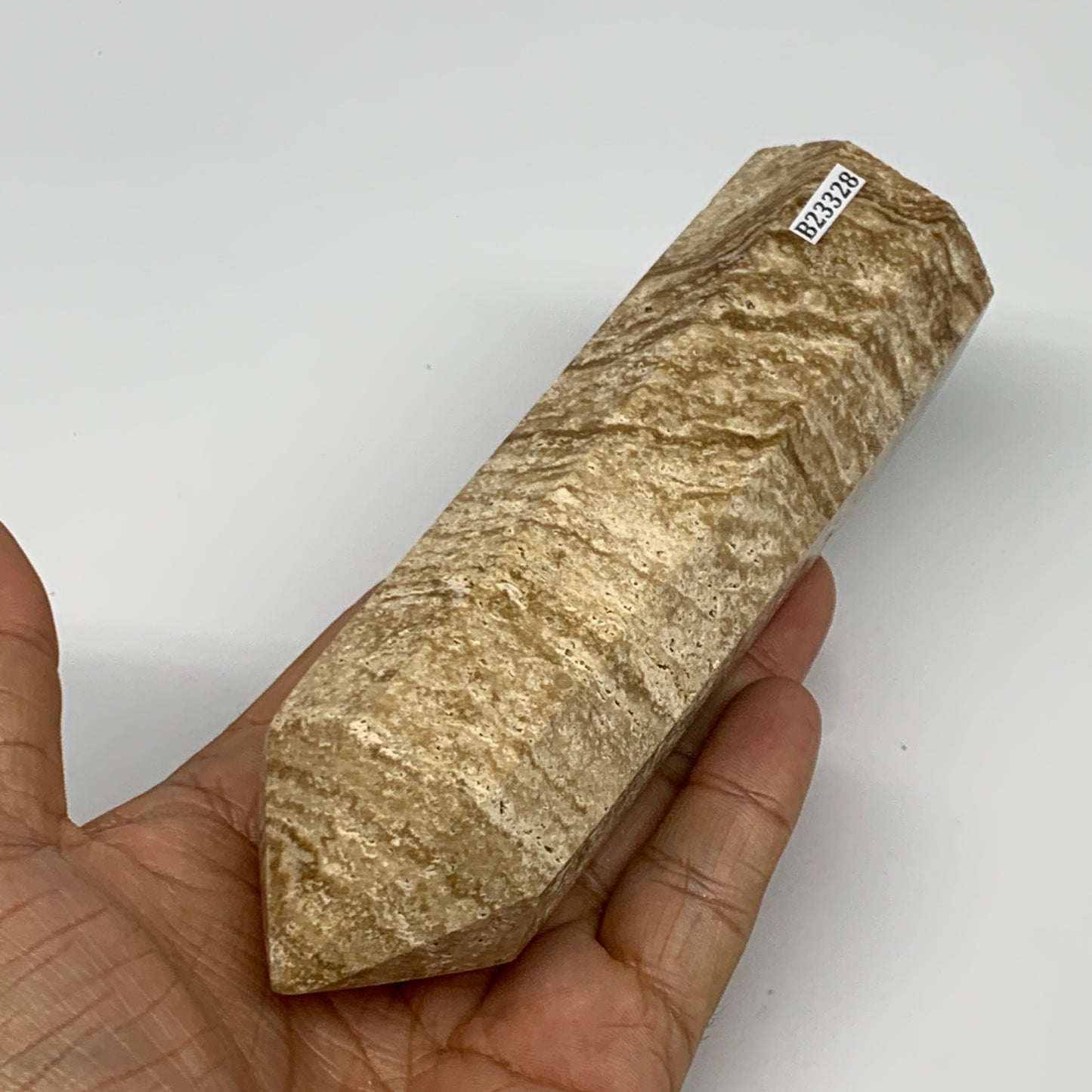 344.5g, 5.4"x1.5" Natural Chocolate Calcite Tower Point Obelisk Crystal, B23328