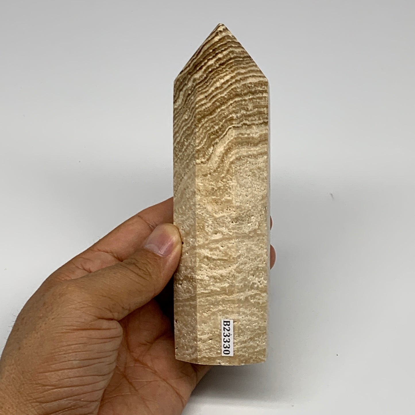 363.6g, 5.5"x1.5" Natural Chocolate Calcite Tower Point Obelisk Crystal, B23330