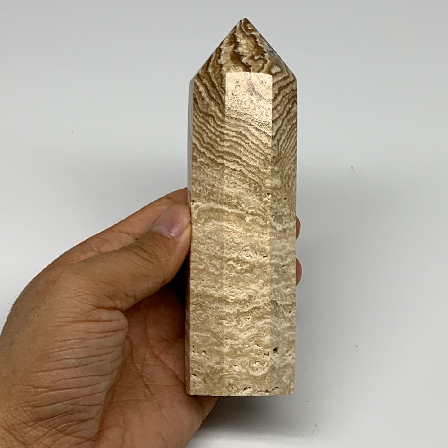 363.6g, 5.5"x1.5" Natural Chocolate Calcite Tower Point Obelisk Crystal, B23330