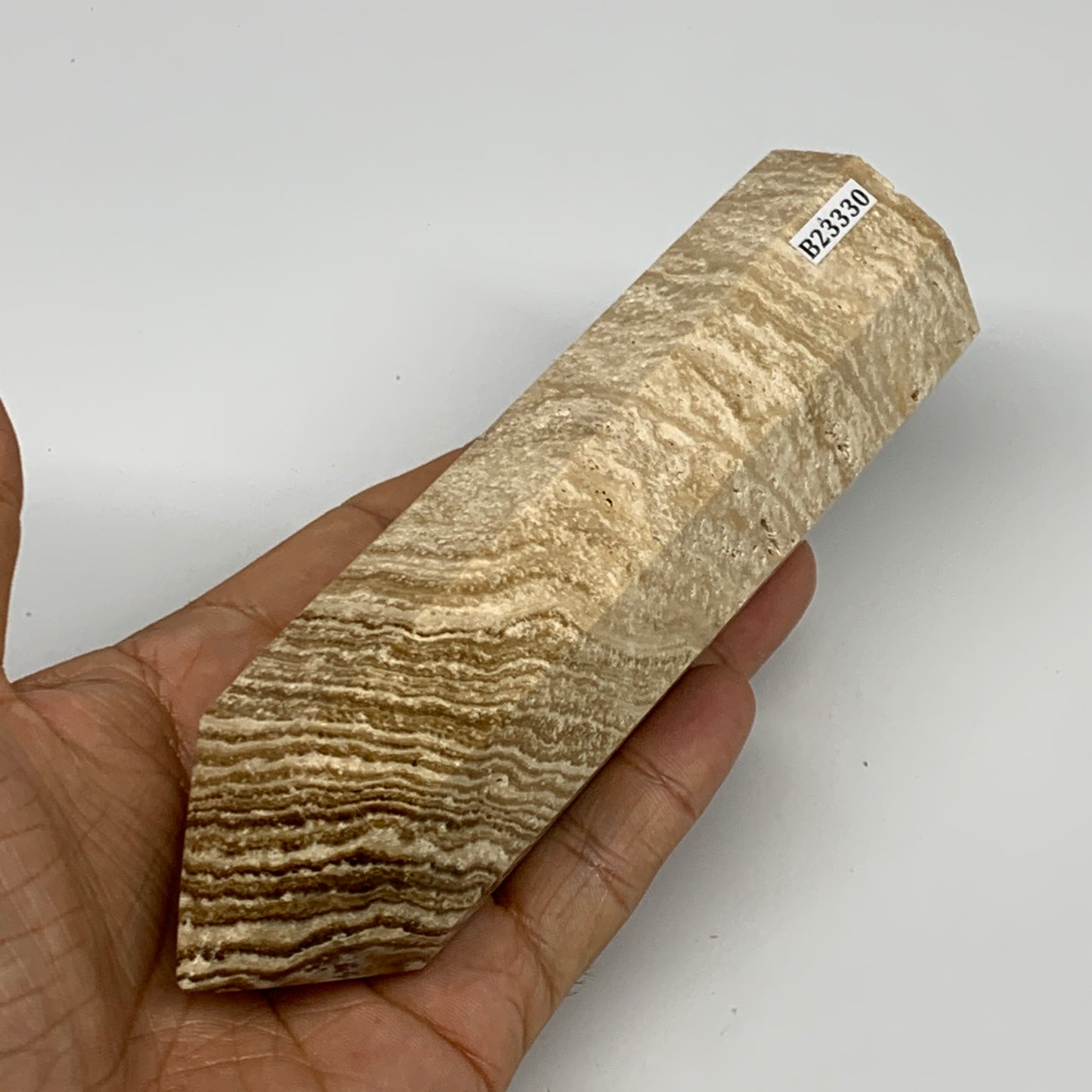 363.6g, 5.5"x1.5" Natural Chocolate Calcite Tower Point Obelisk Crystal, B23330