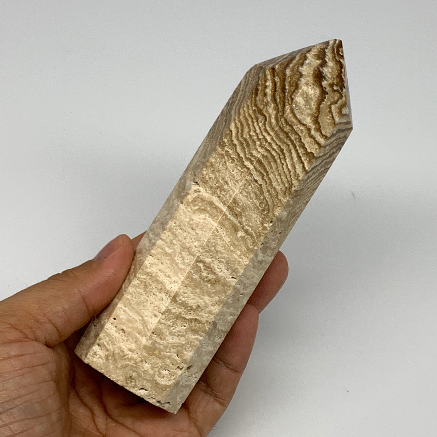 363.6g, 5.5"x1.5" Natural Chocolate Calcite Tower Point Obelisk Crystal, B23330