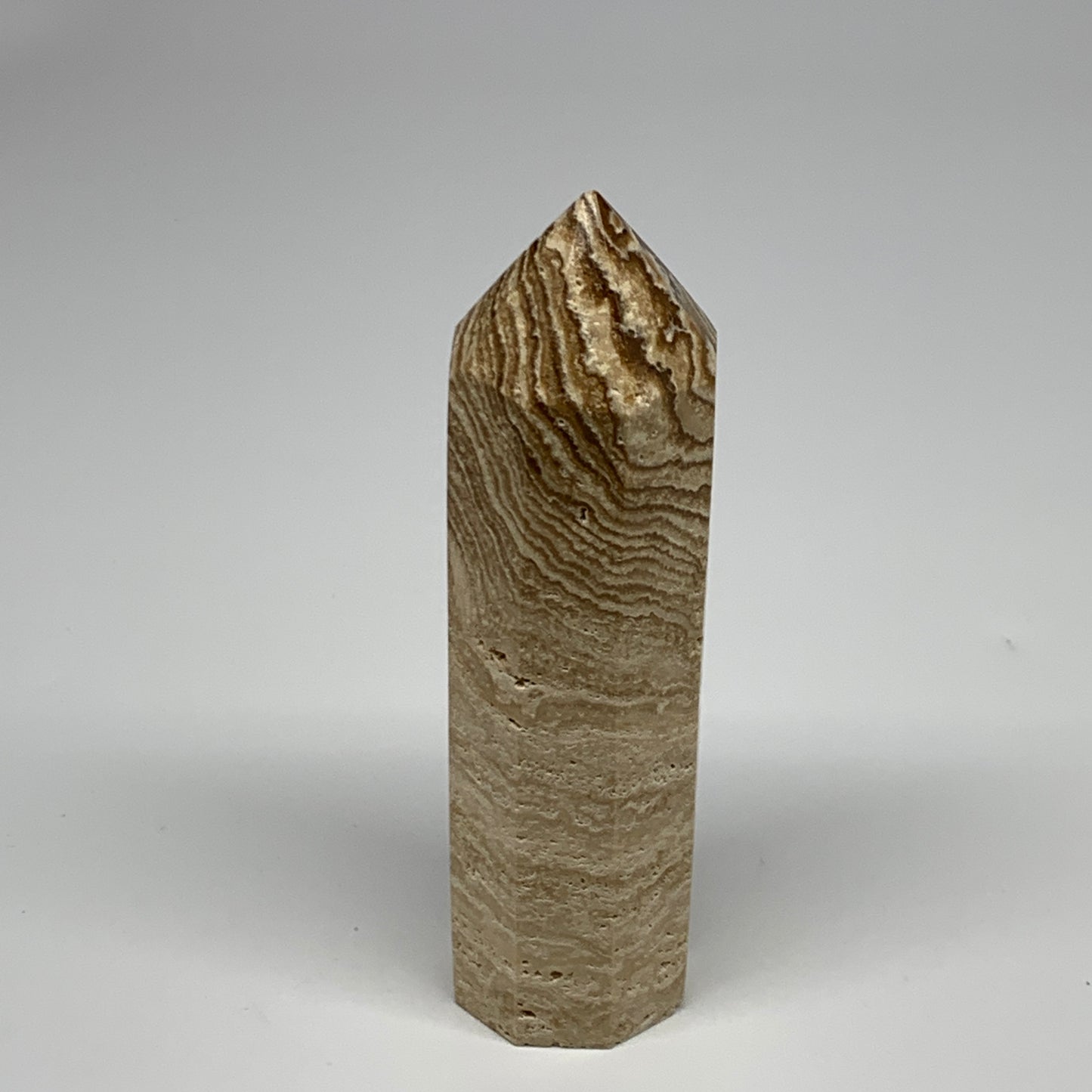 363.6g, 5.5"x1.5" Natural Chocolate Calcite Tower Point Obelisk Crystal, B23330