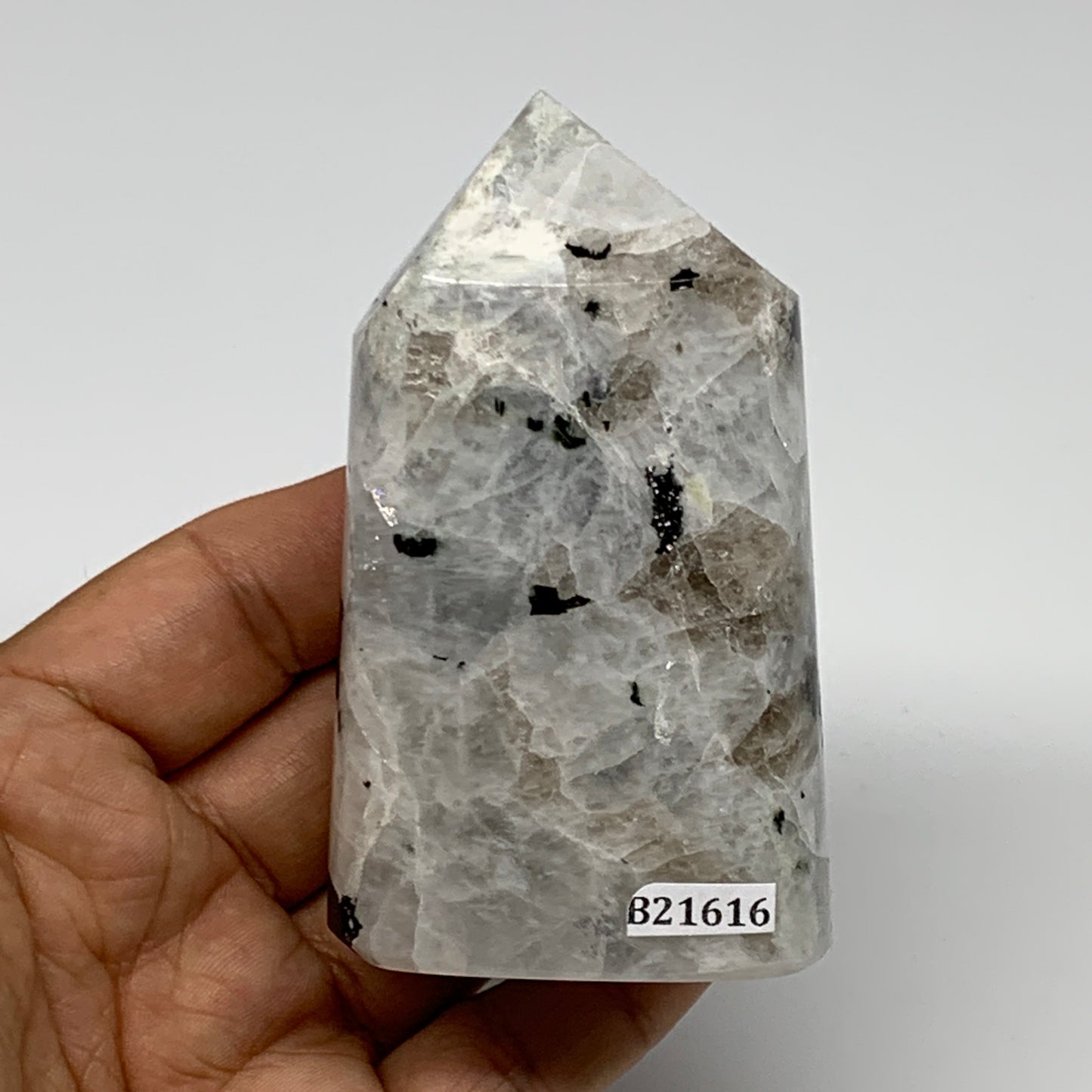 232.8g, 3.4"x2"x1.2" Rainbow Moonstone Tower Obelisk Point Crystal @India,B21616