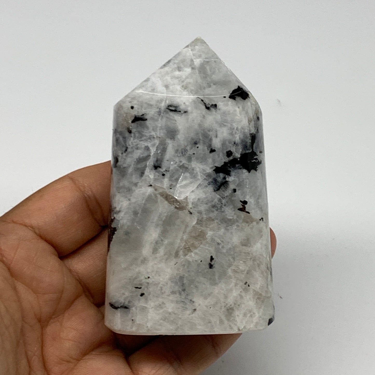 232.8g, 3.4"x2"x1.2" Rainbow Moonstone Tower Obelisk Point Crystal @India,B21616