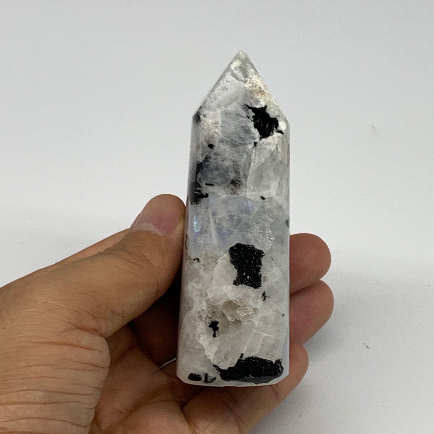 232.8g, 3.4"x2"x1.2" Rainbow Moonstone Tower Obelisk Point Crystal @India,B21616