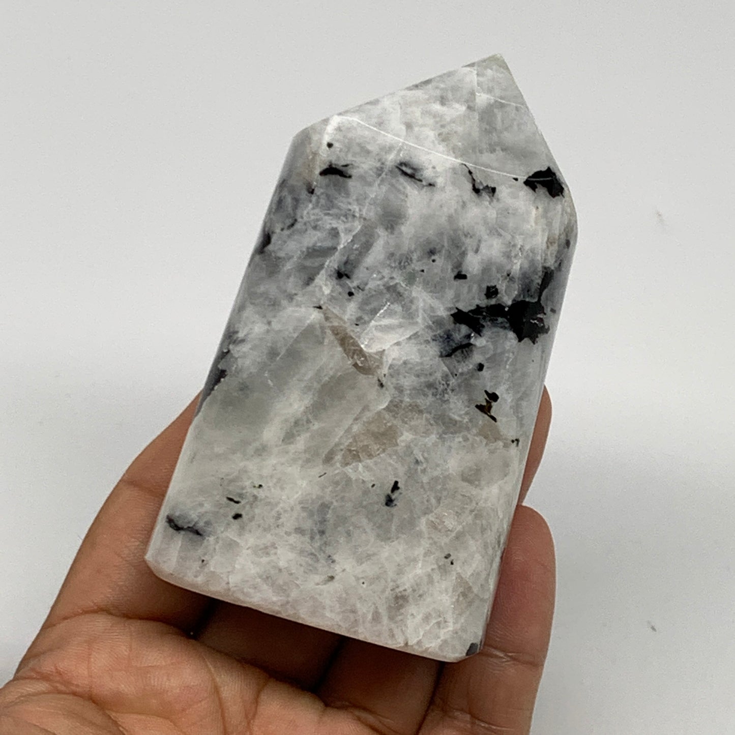 232.8g, 3.4"x2"x1.2" Rainbow Moonstone Tower Obelisk Point Crystal @India,B21616