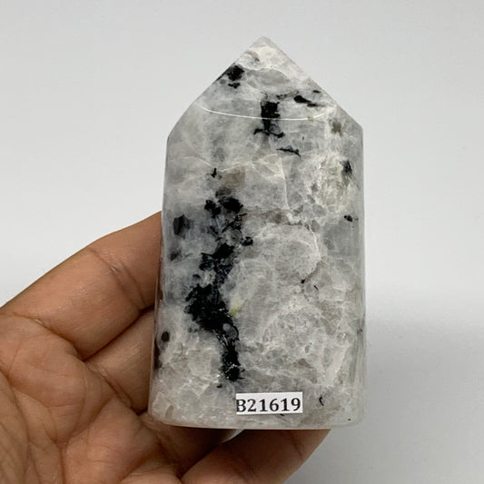 281.4g, 3.3"x1.9"x1.5" Rainbow Moonstone Tower Obelisk Point Crystal, B21619