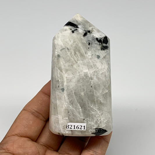 225.3g, 3.4"x1.8"x1.3" Rainbow Moonstone Tower Obelisk Point Crystal, B21621