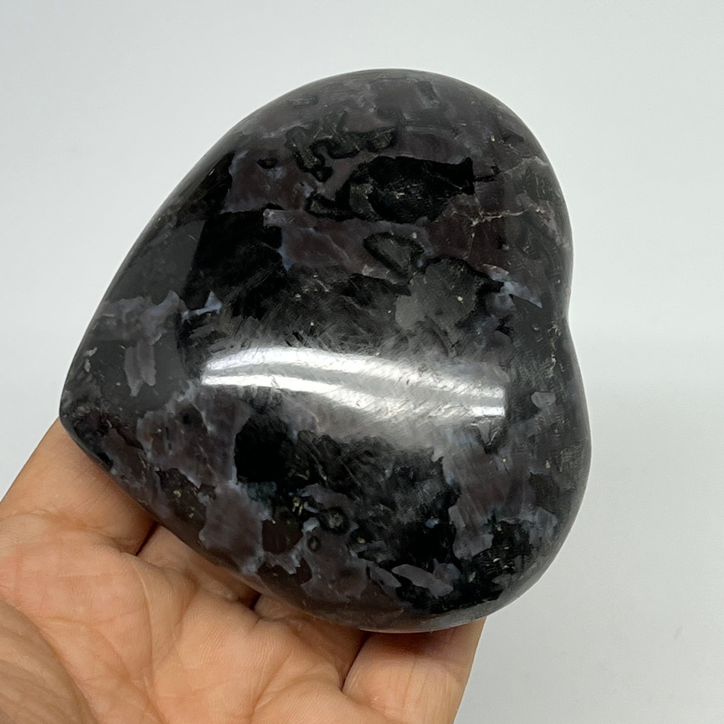 388.9g,3.1"x3.4"x1.6" Indigo Gabro Merlinite Heart Gemstone @Madagascar,B19921