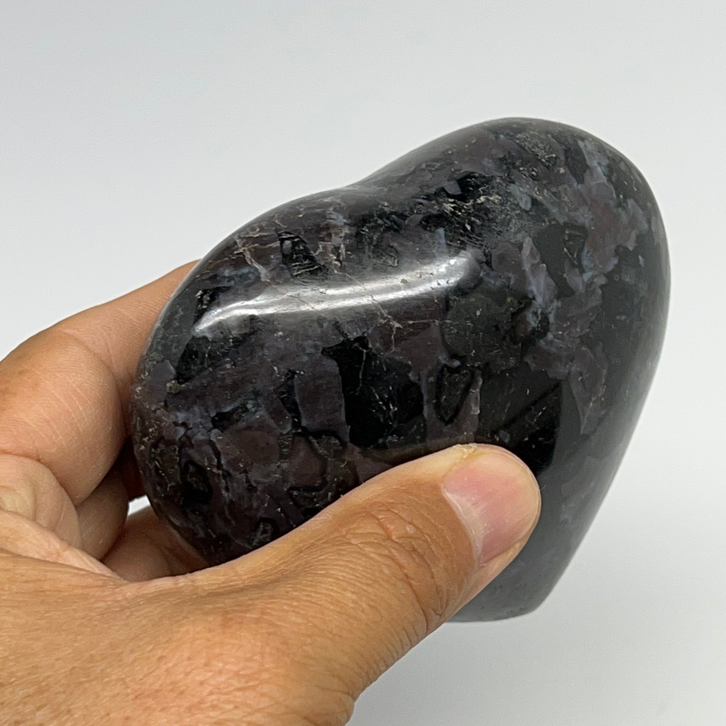 388.9g,3.1"x3.4"x1.6" Indigo Gabro Merlinite Heart Gemstone @Madagascar,B19921