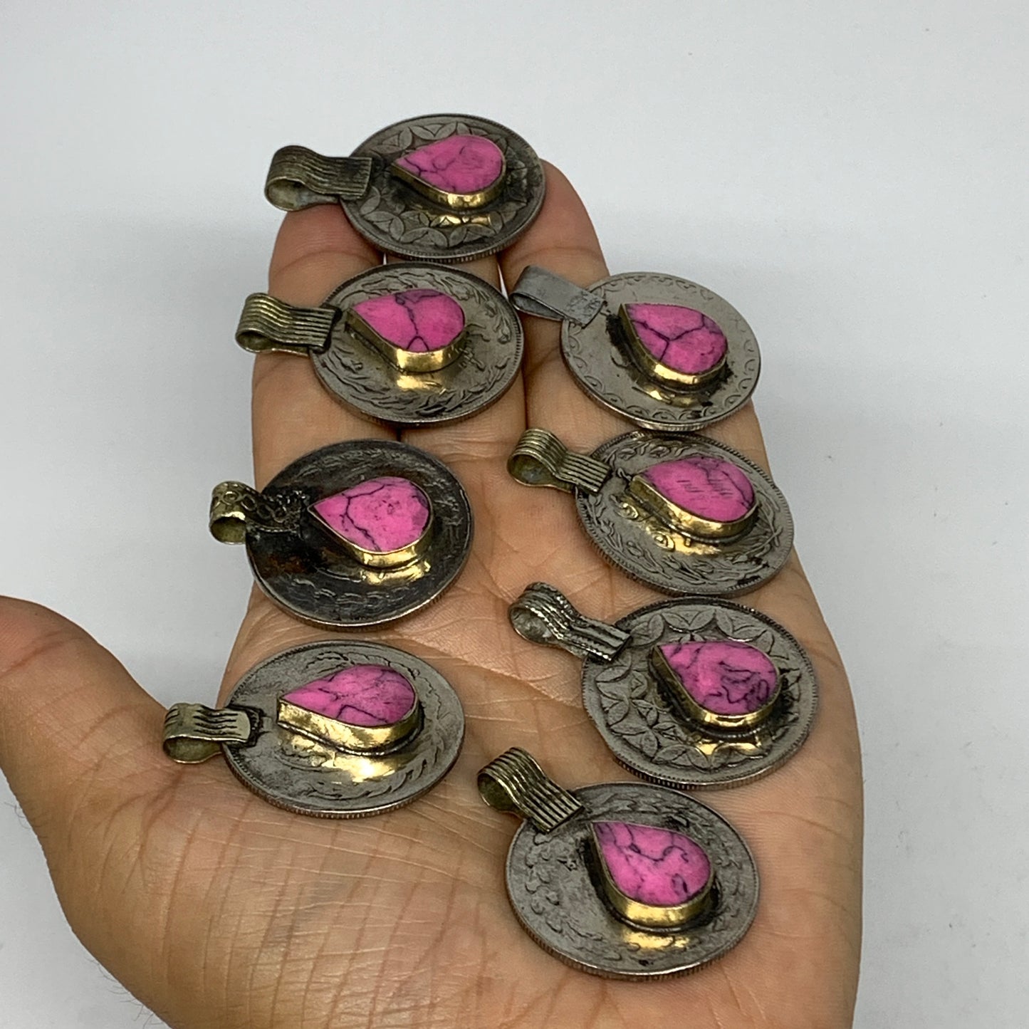 89g, 8pcs, Turkmen Coins Jeweled Synthetic Pink Tribal @Afghanistan, B14520