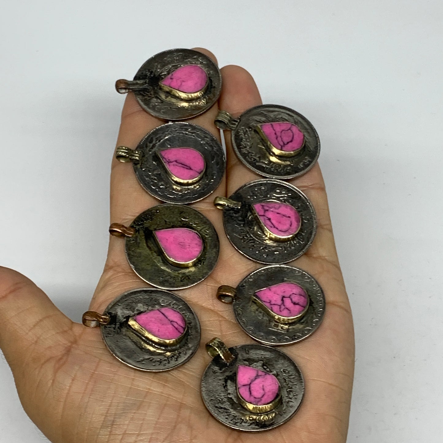 82g, 8pcs, Turkmen Coins Jeweled Synthetic Pink Tribal @Afghanistan, B14521
