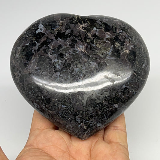 585g,3.9"x3.2"x1.4" Indigo Gabro Merlinite Heart Gemstone @Madagascar,B19926