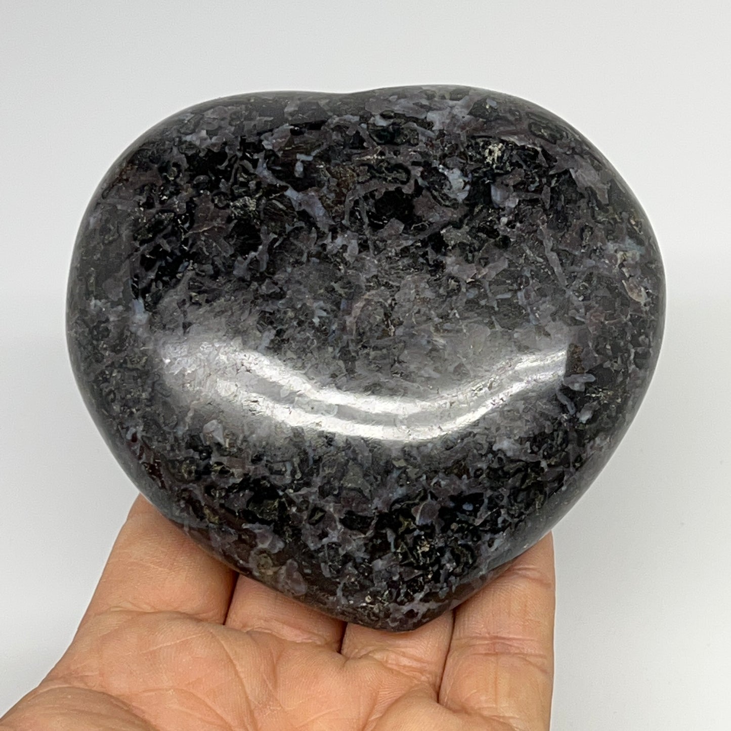 472g,3.5"x3.6"x1.4" Indigo Gabro Merlinite Heart Gemstone @Madagascar,B19927