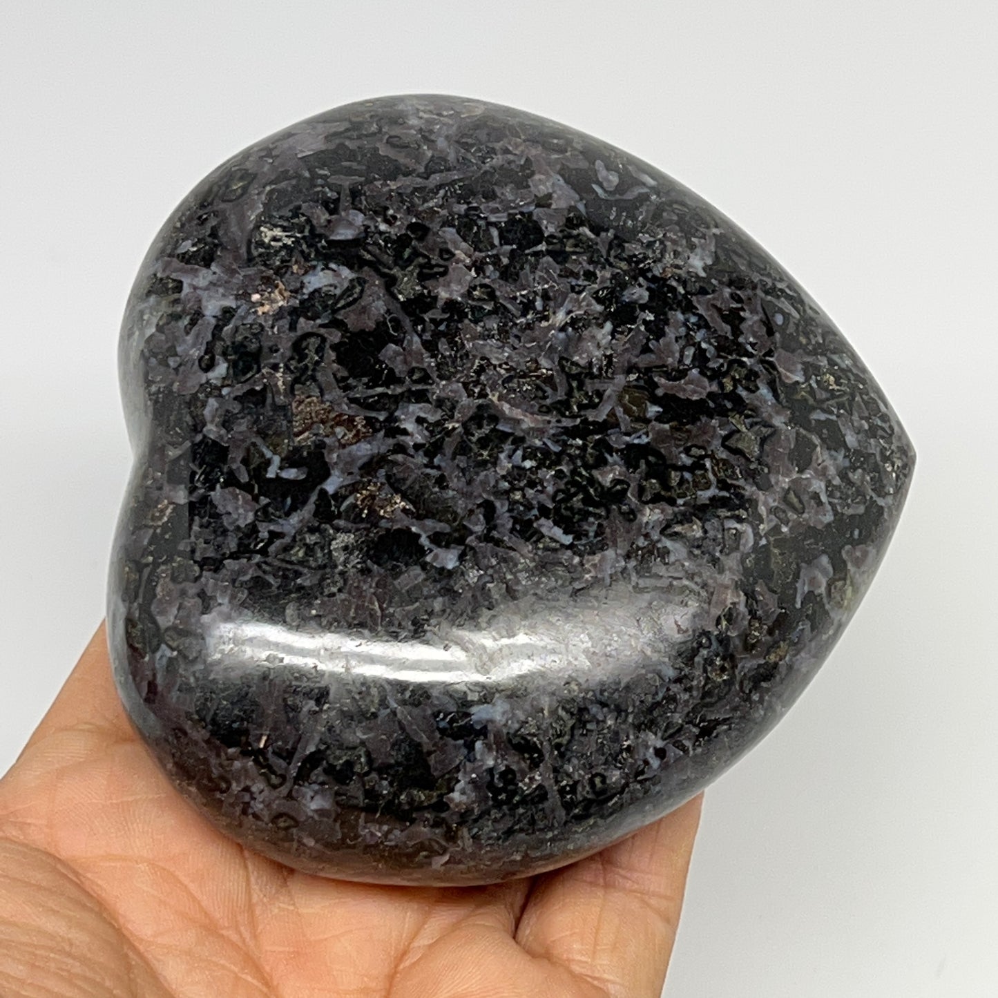 472g,3.5"x3.6"x1.4" Indigo Gabro Merlinite Heart Gemstone @Madagascar,B19927