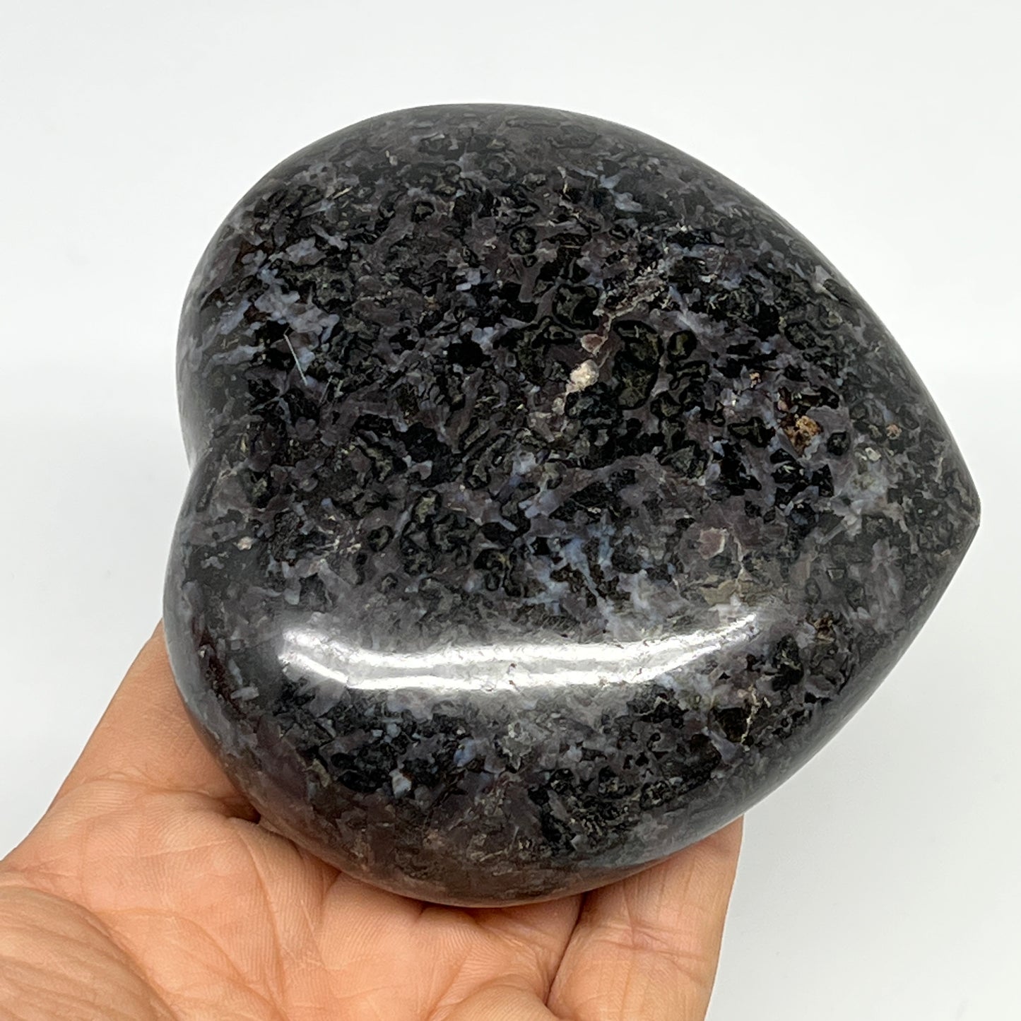 472g,3.5"x3.6"x1.4" Indigo Gabro Merlinite Heart Gemstone @Madagascar,B19927