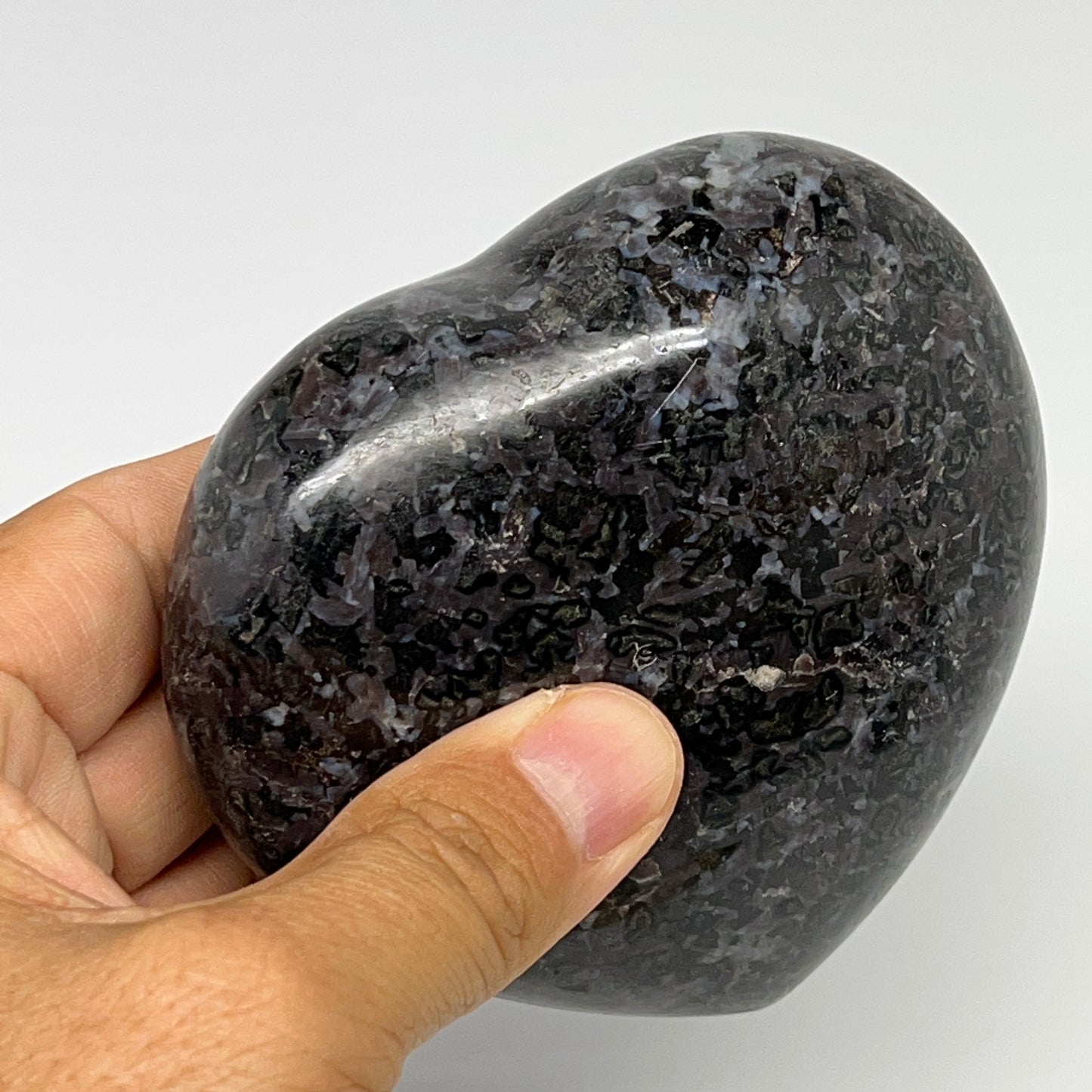 472g,3.5"x3.6"x1.4" Indigo Gabro Merlinite Heart Gemstone @Madagascar,B19927